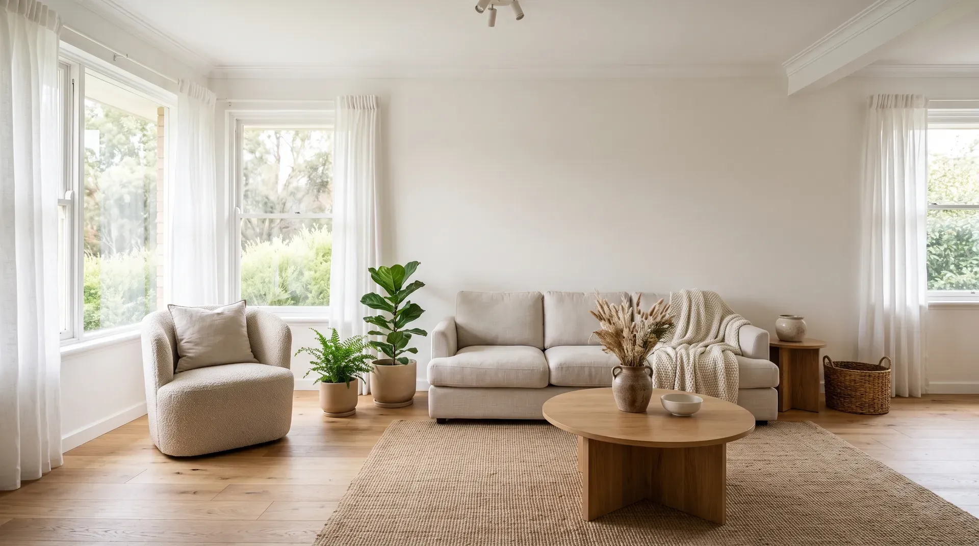 Hell eingerichtetes Wohnzimmer mit Sofa, Sessel, rundem Holztisch, Pflanzen und großen Fenstern