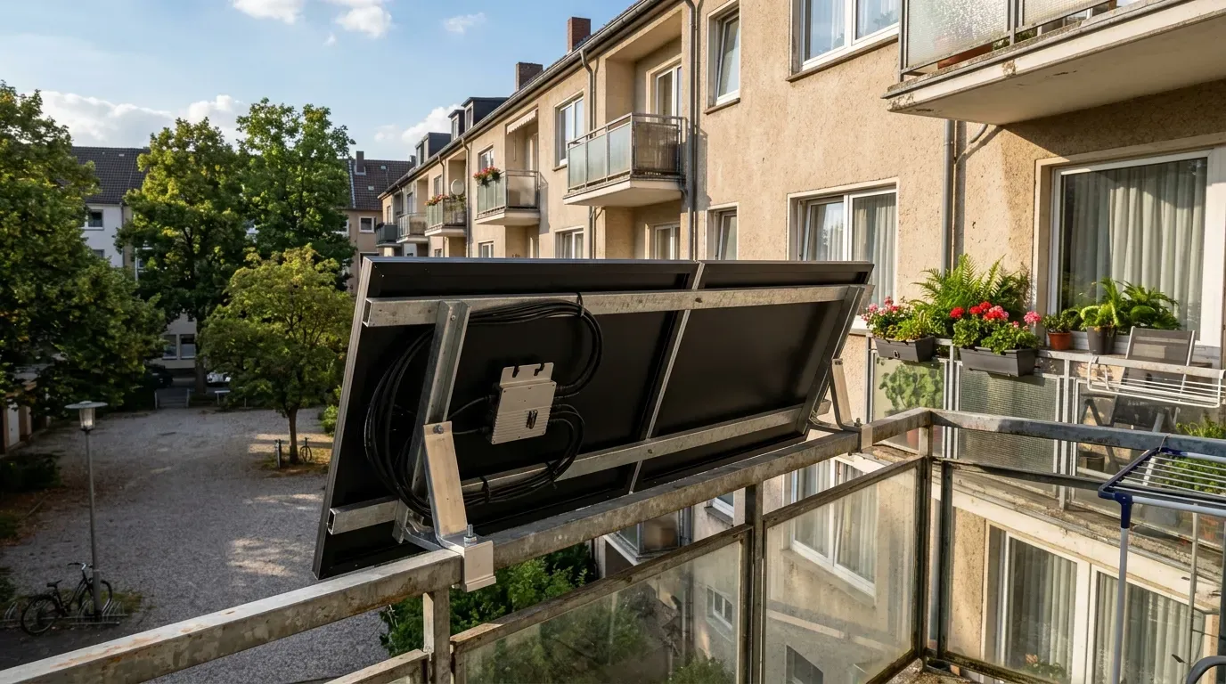 Rückseite eines Solarmoduls mit Mikrowechselrichter, mit Halterungen am Balkongeländer eines Mehrfamilienhauses befestigt