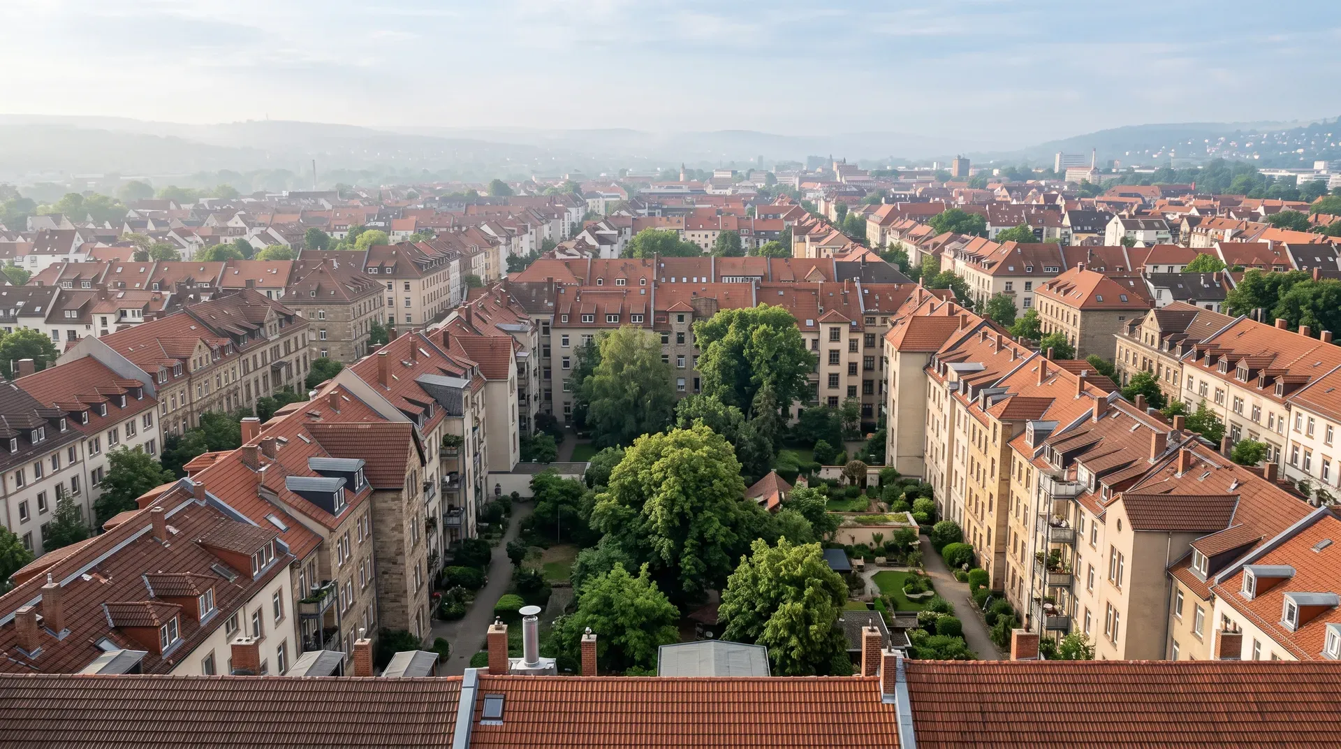 Blick über die Dächer eines Wohnviertels mit Altbau-Mehrfamilienhäusern und begrünten Innenhöfen