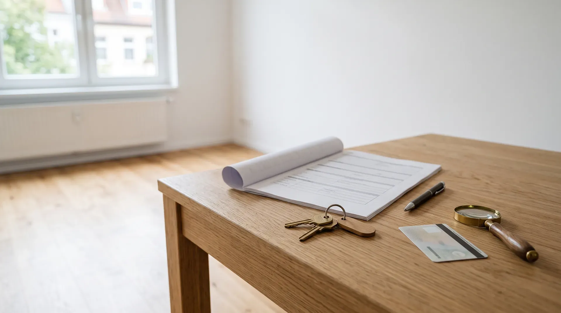 Mietvertrag, Wohnungsschlüssel, Ausweis und Lupe auf einem Tisch in einer leeren Wohnung