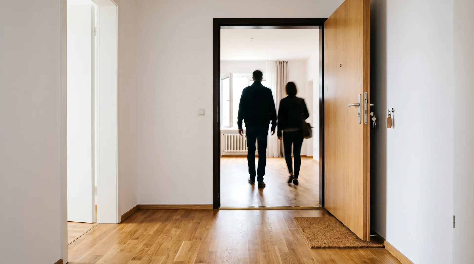 Paar betritt bei einer Besichtigung durch die geöffnete Wohnungstür eine leere Wohnung mit Parkett