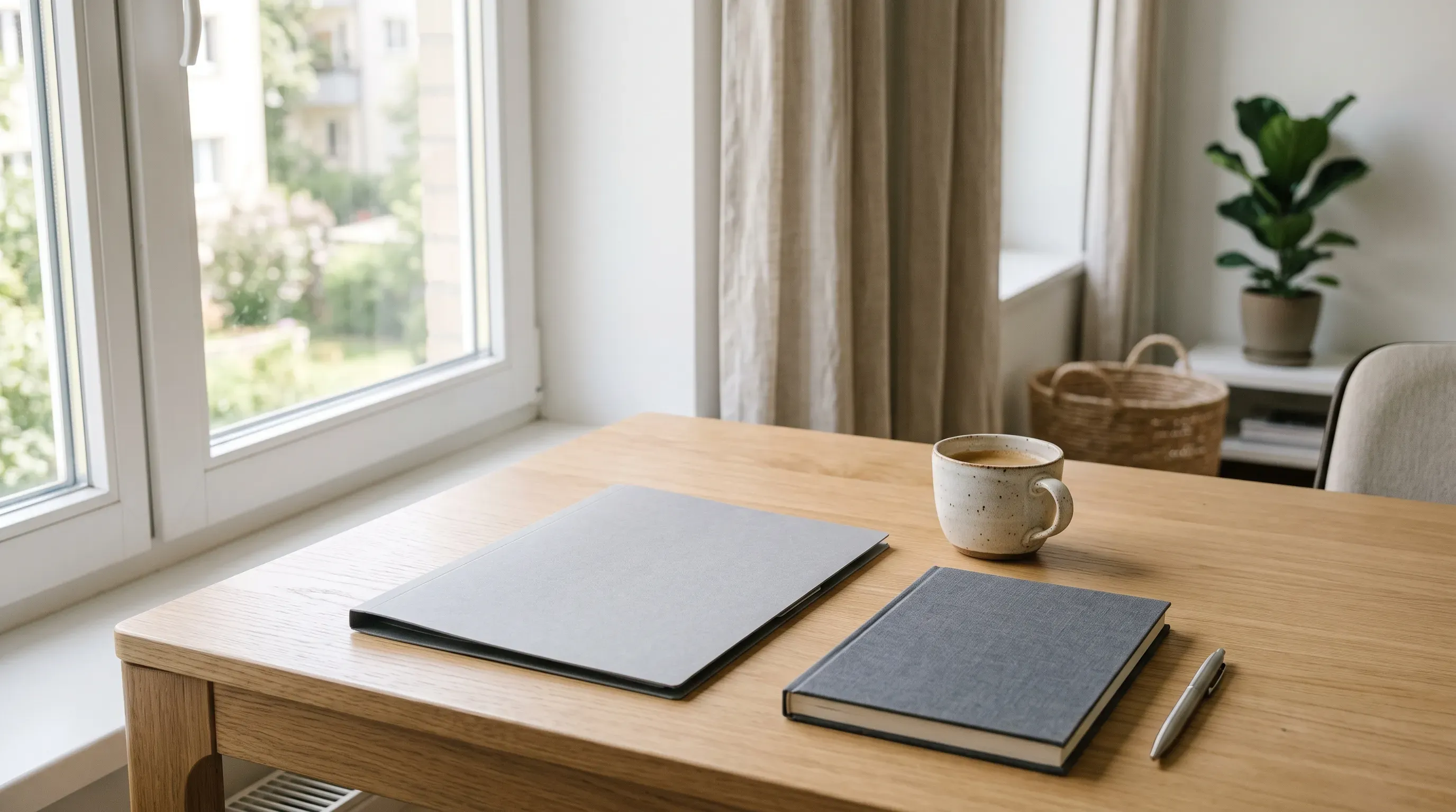 Holztisch am Fenster mit grauer Dokumentenmappe, Notizbuch, Kugelschreiber und Kaffeetasse in heller Wohnung