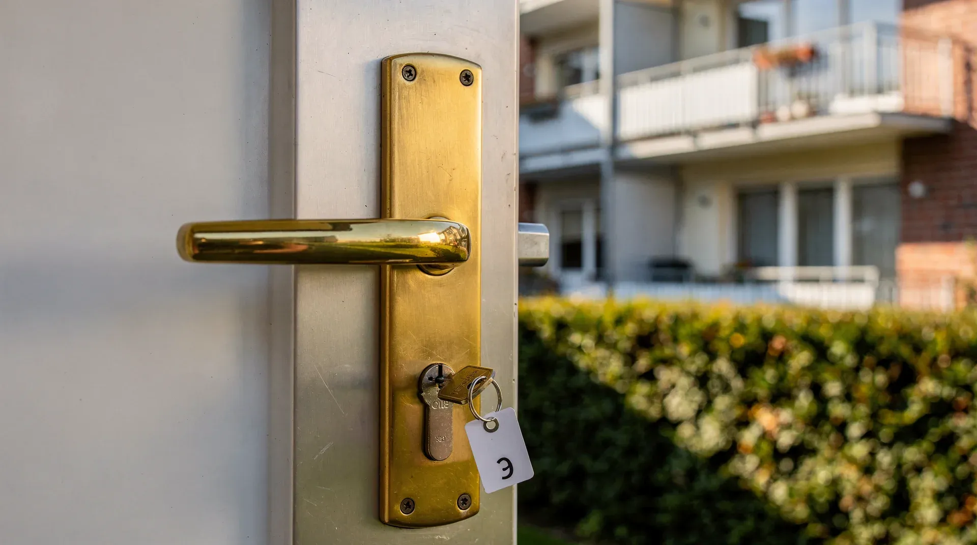 Messingtürgriff mit steckendem Schlüssel und Nummernanhänger, im Hintergrund ein Mehrfamilienhaus mit Balkonen