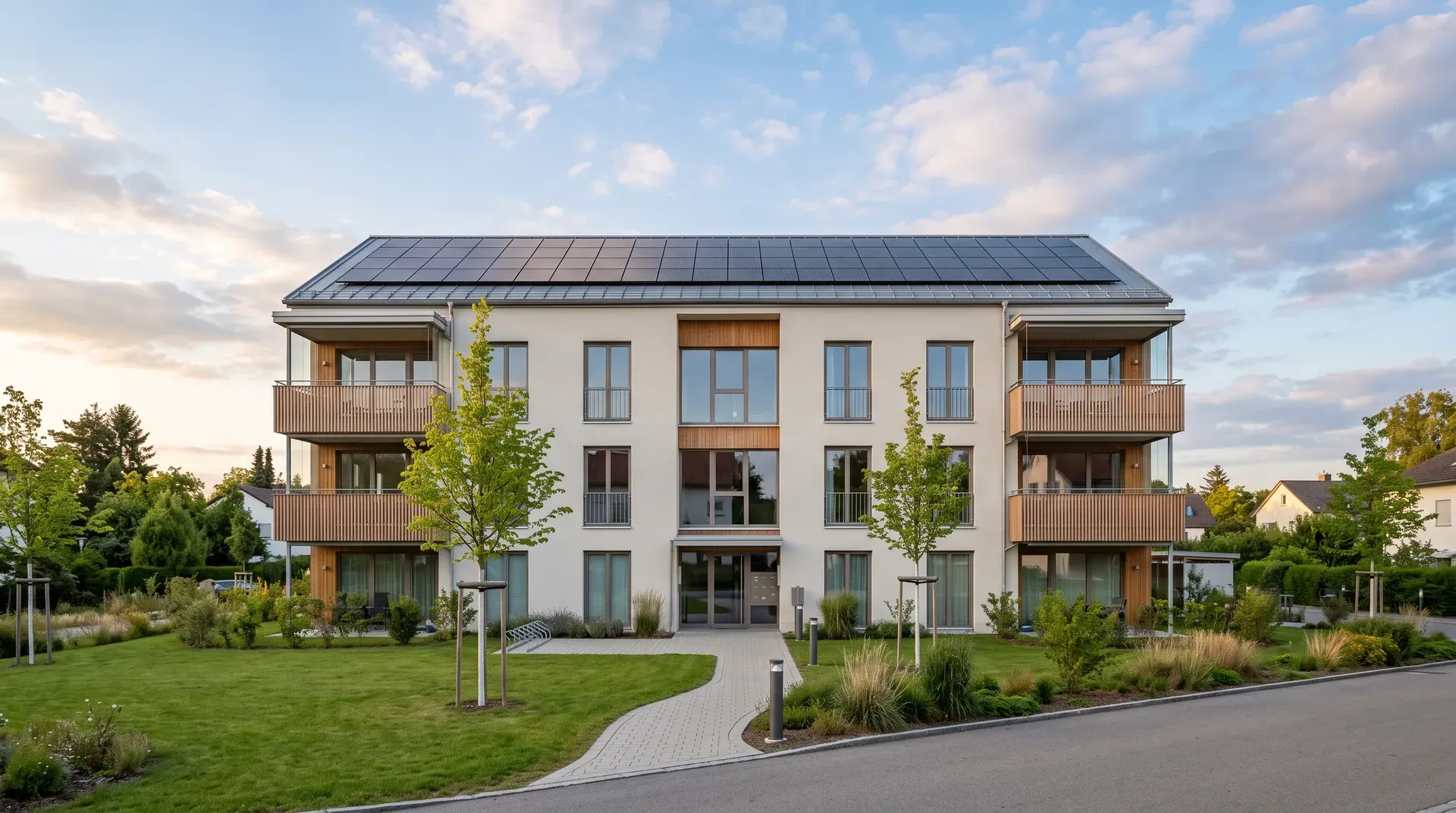 Dreigeschossiges Mehrfamilienhaus mit Solarmodulen auf dem Dach, Holzbalkonen und begrünter Vorfläche im Abendlicht