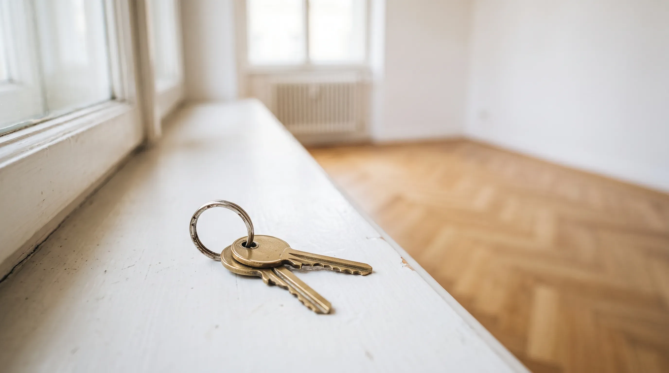 Schlüsselbund mit zwei Messingschlüsseln auf weißer Fensterbank in leerer Altbauwohnung mit Fischgrätparkett
