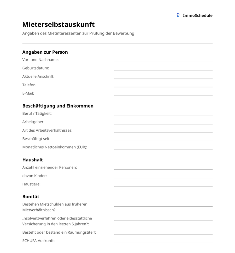 Seite 1 der Vorlage: Angaben zur Person, Beschäftigung und Einkommen, Haushalt, Bonität