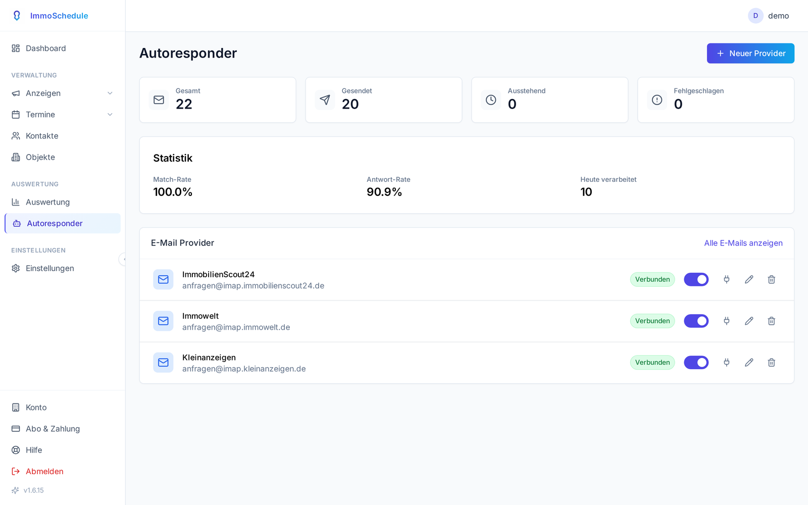 Screenshot: Autoresponder-Dashboard mit automatisch beantworteten Portal-Anfragen