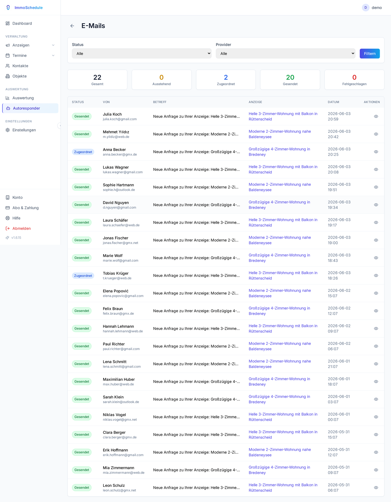 Autoresponder-Posteingang: alle eingegangenen Mietanfragen mit Status (gesendet, zugeordnet), Absender, Betreff, zugeordneter Anzeige und Zeitstempel