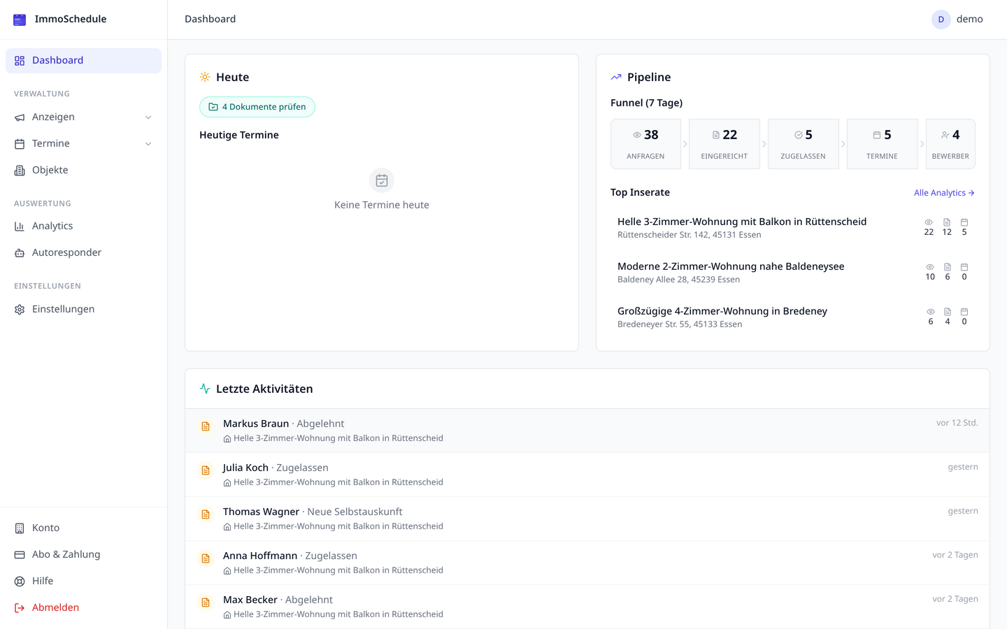 ImmoSchedule Dashboard mit Anfragen-Pipeline, Terminen und Aktivitäten