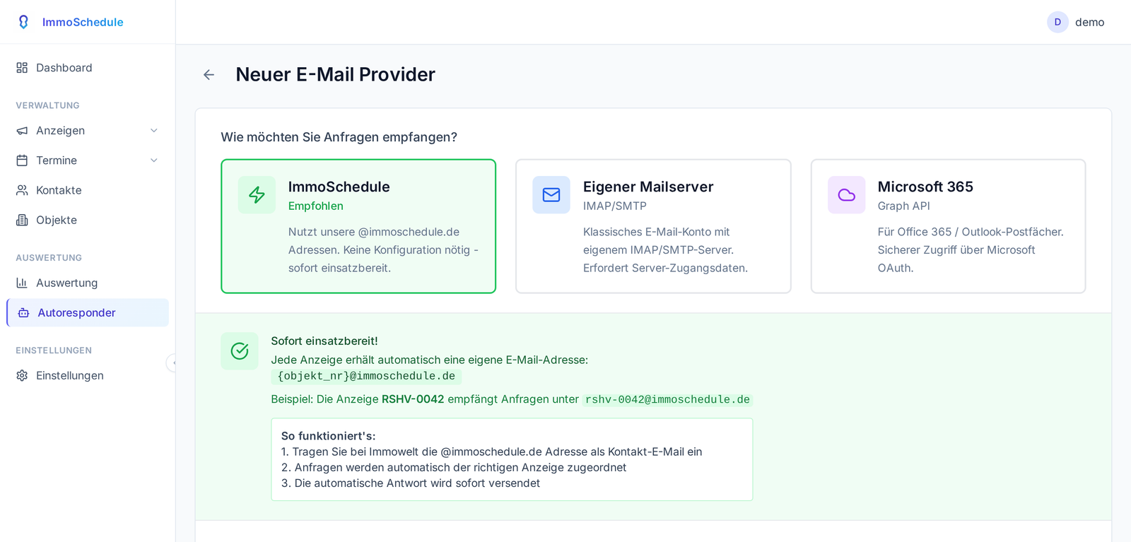 Screenshot: eigene E-Mail-Adresse pro Inserat mit automatischer Objekt-Zuordnung