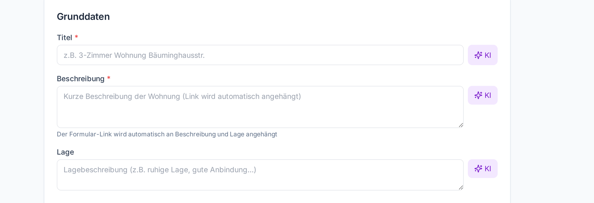 Grunddaten im Inserate-Editor: Titel, Beschreibung und Lage – jeweils mit KI-Button zur automatischen Texterstellung