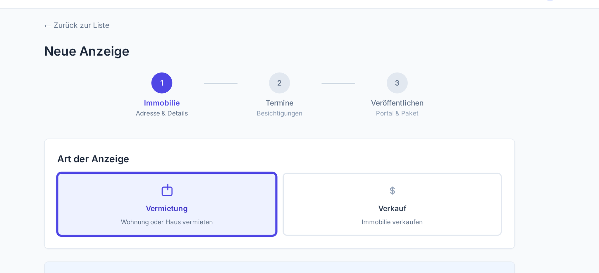ImmoSchedule Inserate-Editor: geführter Wizard mit Eckdaten, KI-Details und Bild-Upload