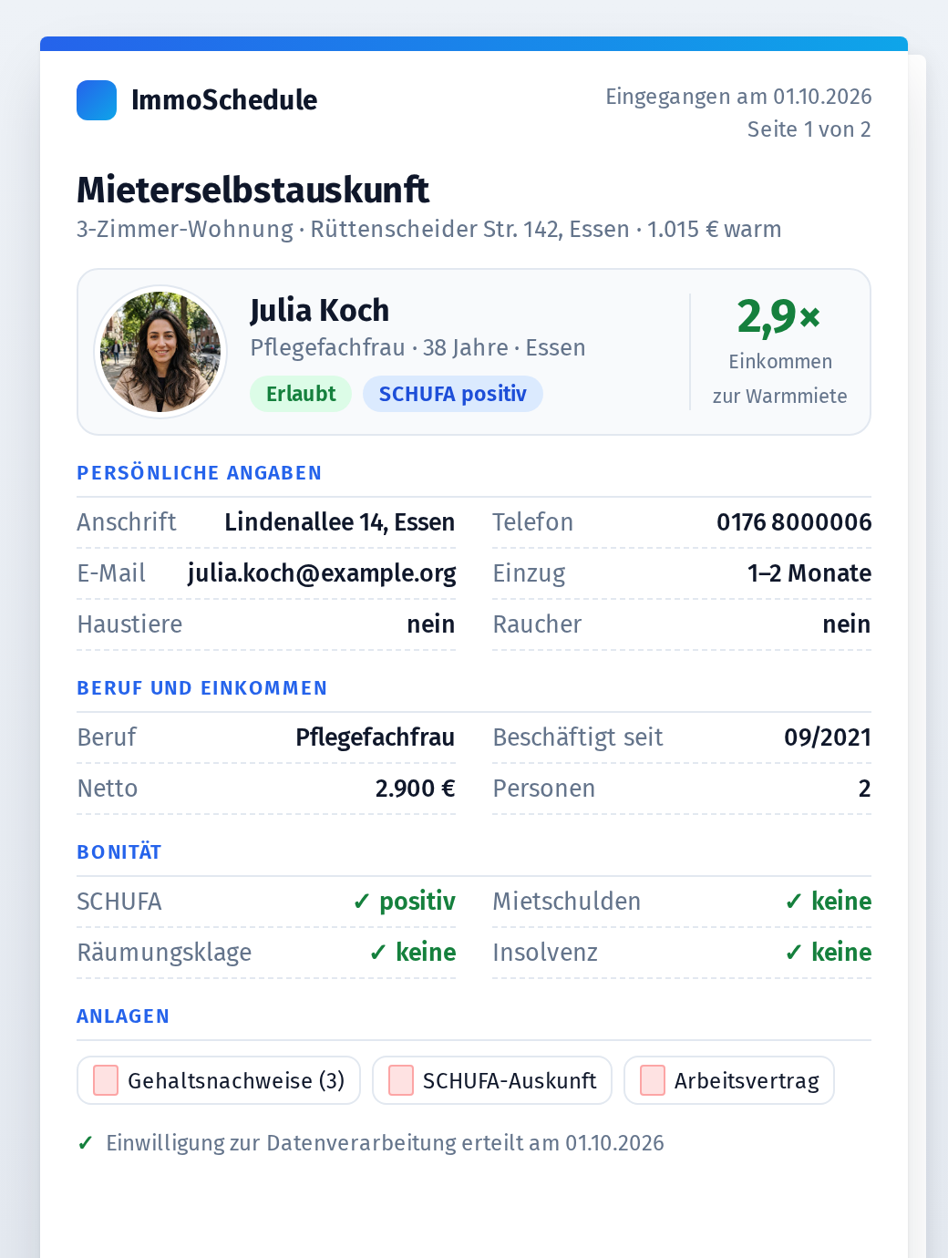 Ausgefüllte Mieterselbstauskunft von Julia Koch mit Profilbild, Einkommen, Bonität und Anlagen