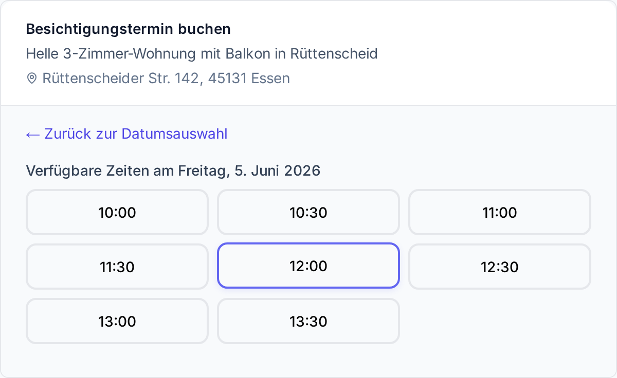 Terminbuchung aus Mietersicht: verfügbare Uhrzeiten am gewählten Tag