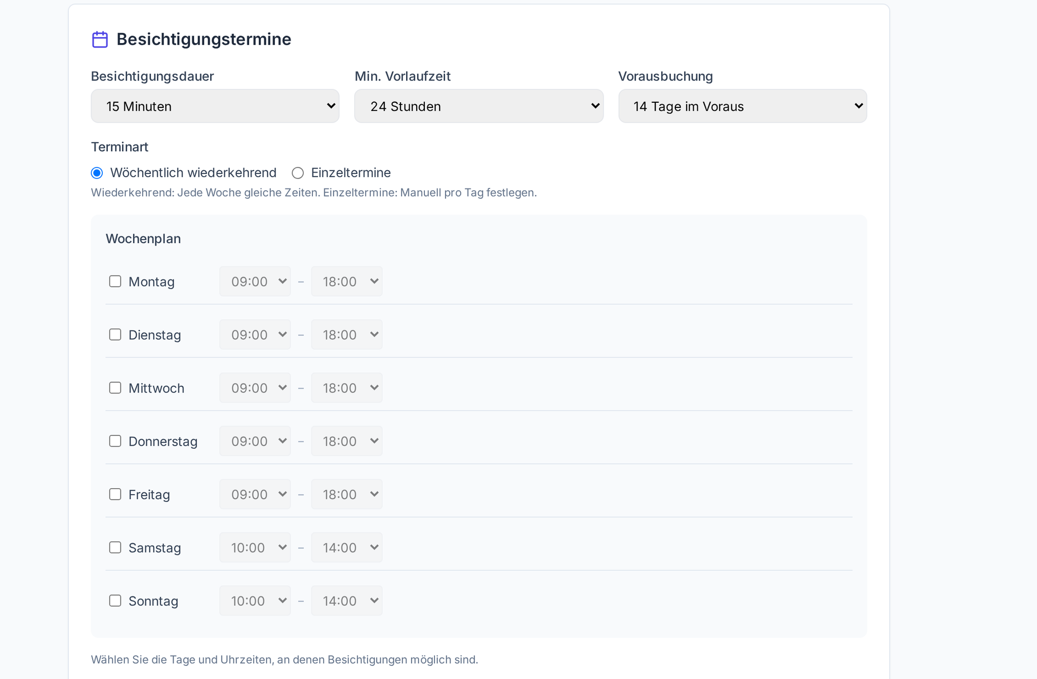 Termin-Einstellung aus Vermietersicht beim Inserieren: Besichtigungsdauer, Vorlaufzeit, Vorausbuchung und Wochenplan mit aktiven Tagen und Zeiten
